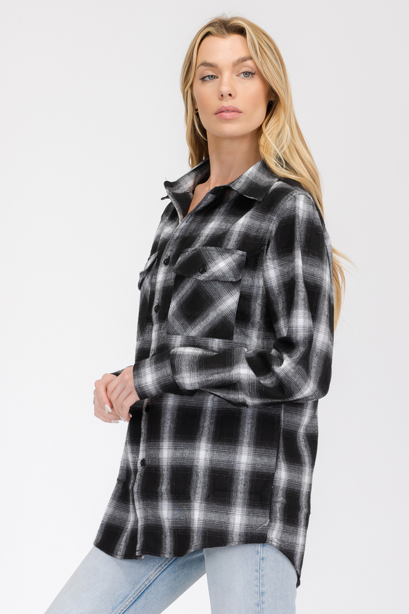 Oversize Boyfriend Plaid Checkered Flannel shirt featuring a classic plaid pattern, flat collar, and dual chest pockets.