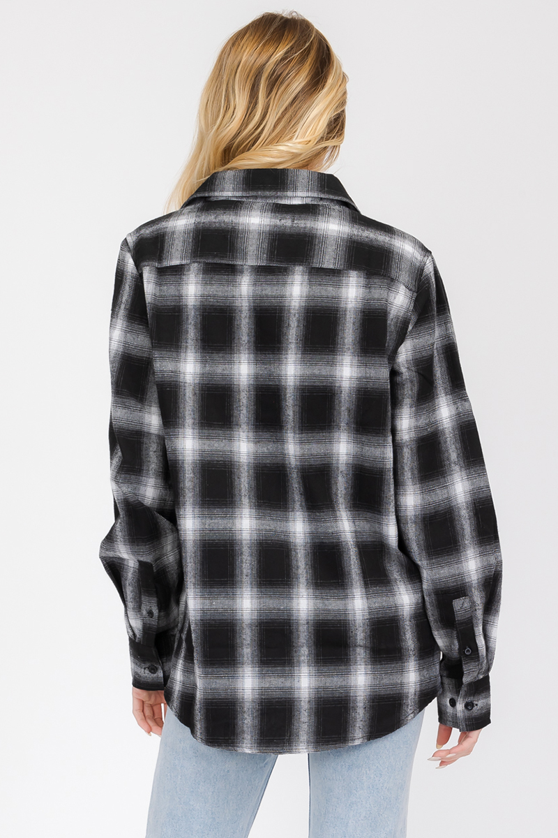 Oversize Boyfriend Plaid Checkered Flannel shirt featuring a classic plaid pattern, flat collar, and dual chest pockets.