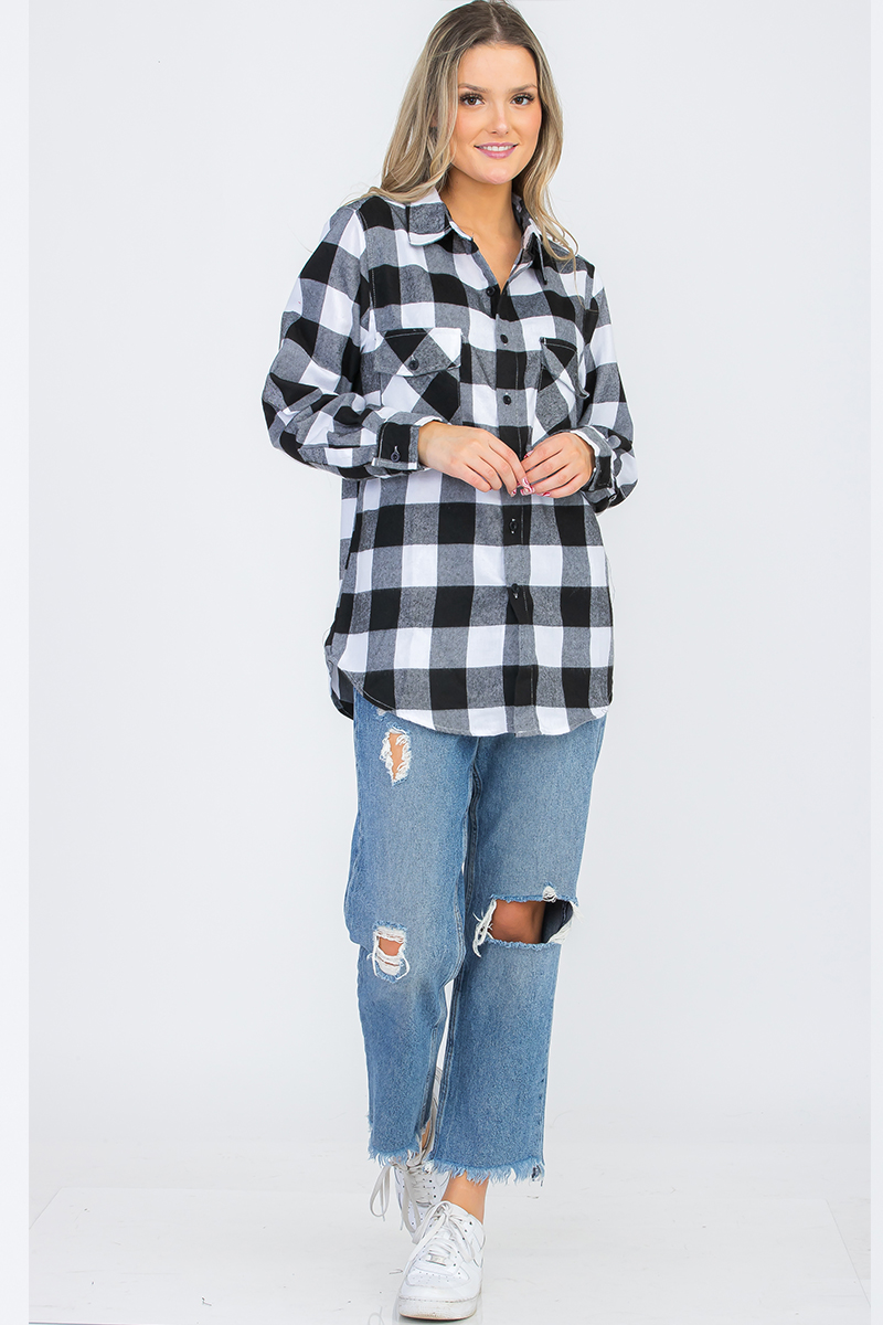 Oversize Boyfriend Plaid Checkered Flannel featuring a classic plaid pattern, flat collar, and dual chest pockets.