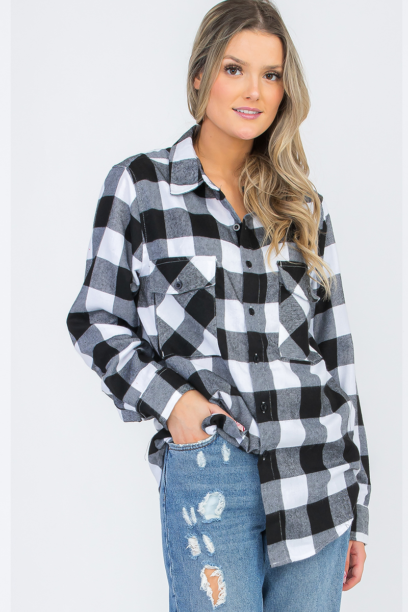 Oversize Boyfriend Plaid Checkered Flannel featuring a classic plaid pattern, flat collar, and dual chest pockets.