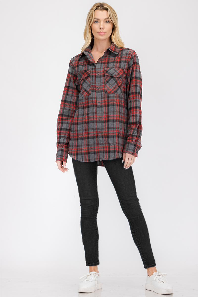 Oversize Boyfriend Plaid Checkered Flannel featuring a classic plaid pattern, dual chest pockets, and a button-up front.