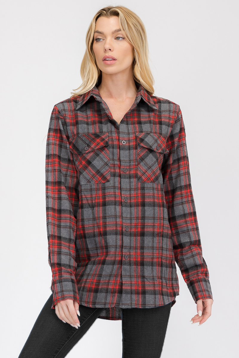 Oversize Boyfriend Plaid Checkered Flannel featuring a classic plaid pattern, dual chest pockets, and a button-up front.