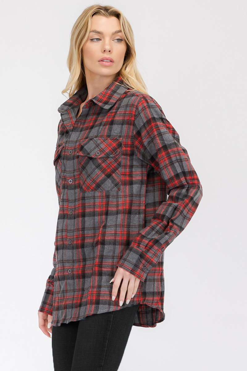 Oversize Boyfriend Plaid Checkered Flannel featuring a classic plaid pattern, dual chest pockets, and a button-up front.