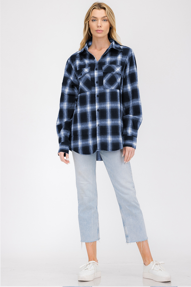 Oversize Boyfriend Plaid Checkered Flannel shirt featuring a classic plaid pattern, flat collar, and dual chest pockets.