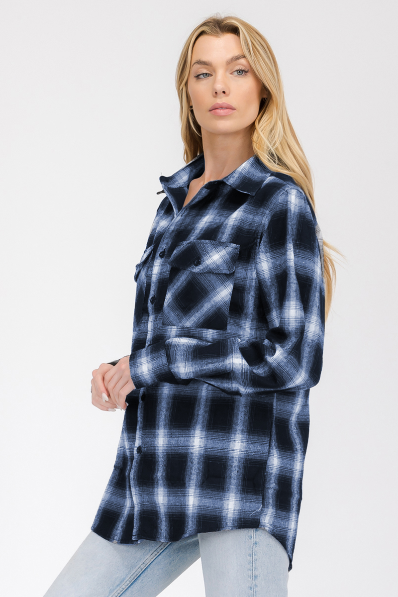 Oversize Boyfriend Plaid Checkered Flannel shirt featuring a classic plaid pattern, flat collar, and dual chest pockets.