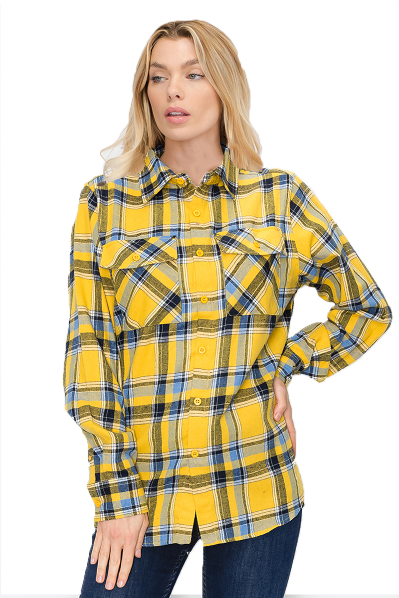 Oversize Boyfriend Plaid Checkered Flannel featuring a classic plaid pattern, flat collar, and dual chest pockets, perfect for casual wear.