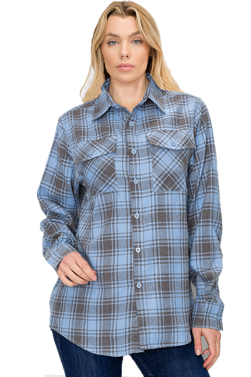 Oversize Boyfriend Plaid Checkered Flannel featuring a classic plaid pattern, flat collar, and dual chest pockets, perfect for casual wear.