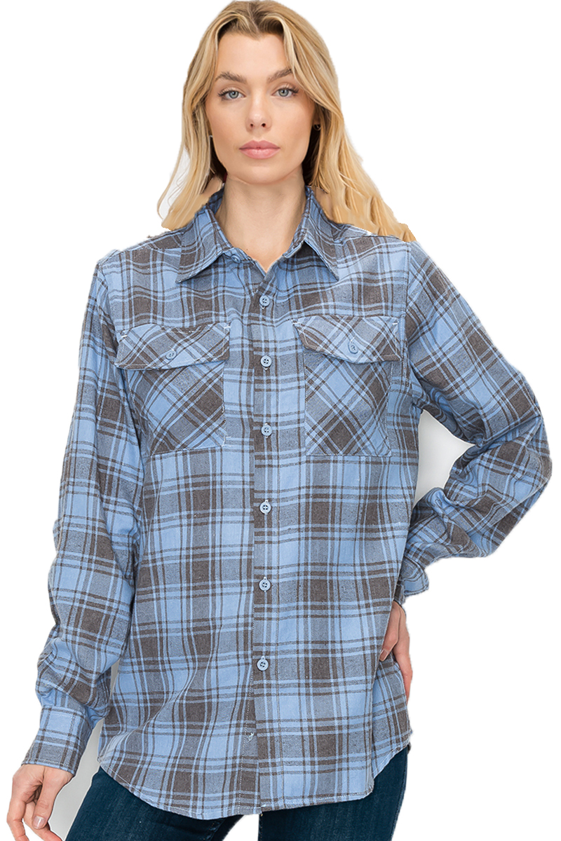 Oversize Boyfriend Plaid Checkered Flannel featuring a classic plaid pattern, flat collar, and dual chest pockets, perfect for casual wear.