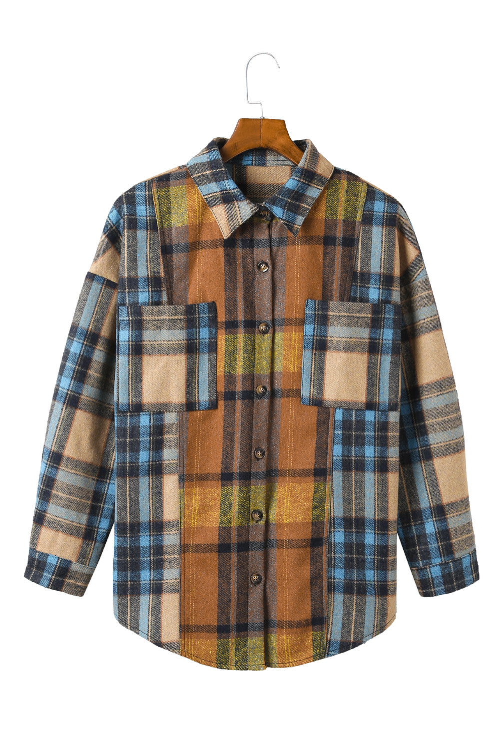 A stylish plaid color block buttoned shirt featuring functional pockets, perfect for fall fashion.