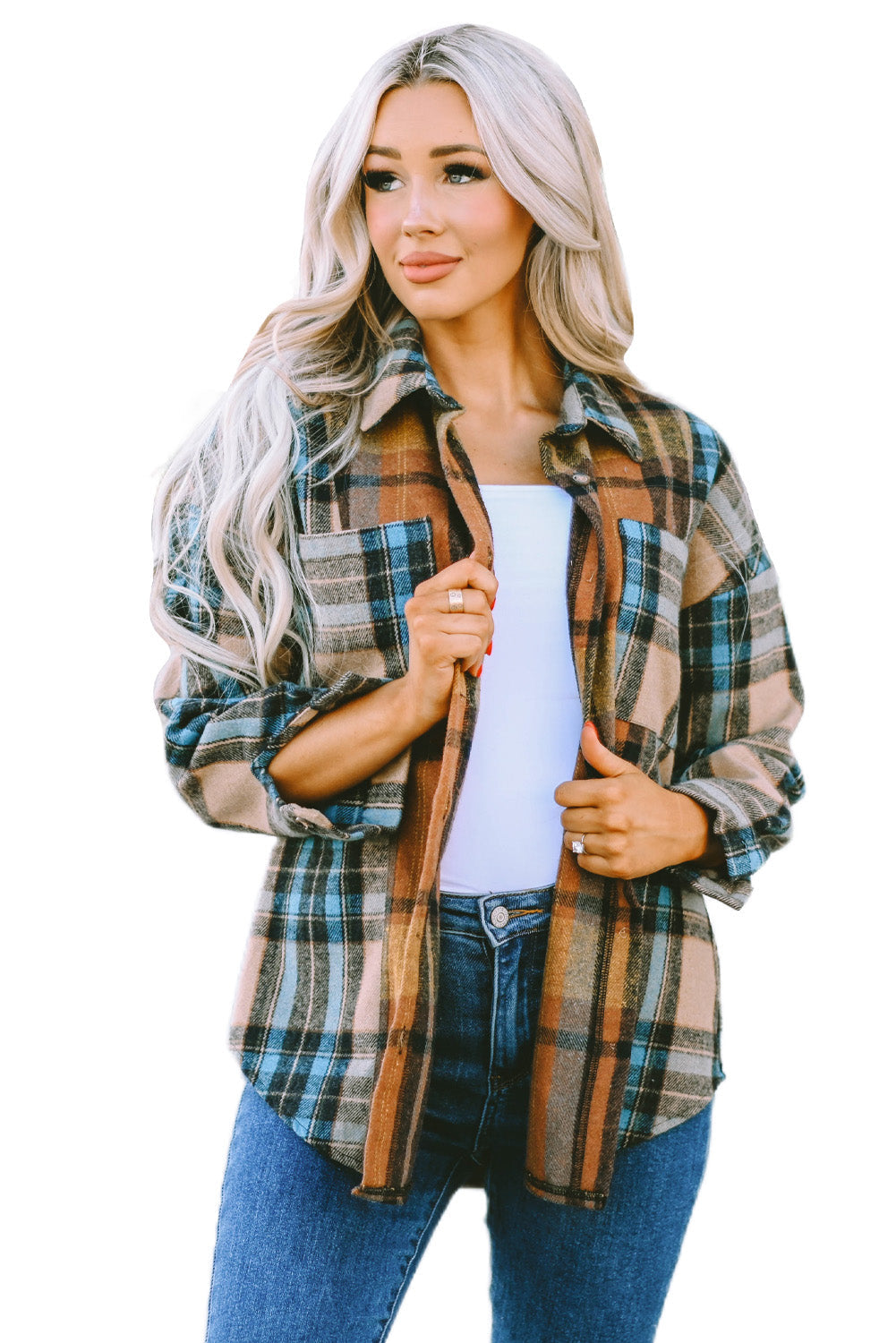 A stylish plaid color block buttoned shirt featuring functional pockets, perfect for fall fashion.