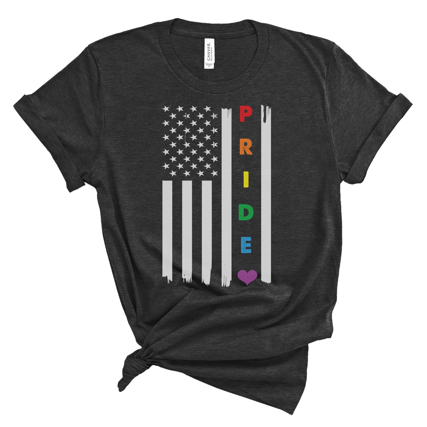 A vibrant Pride Flag Graphic Tee made from soft 100% ring spun cotton, featuring a colorful pride flag design.