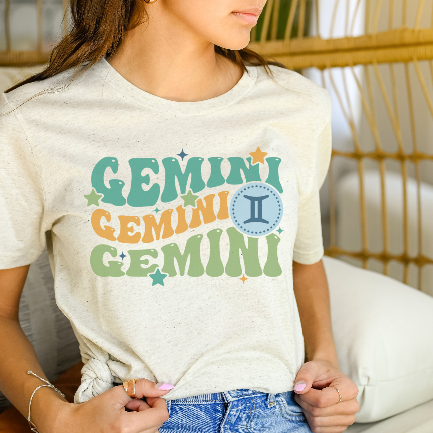 A soft tri-blend Retro Gemini Graphic Tee featuring a vintage design, perfect for casual wear.