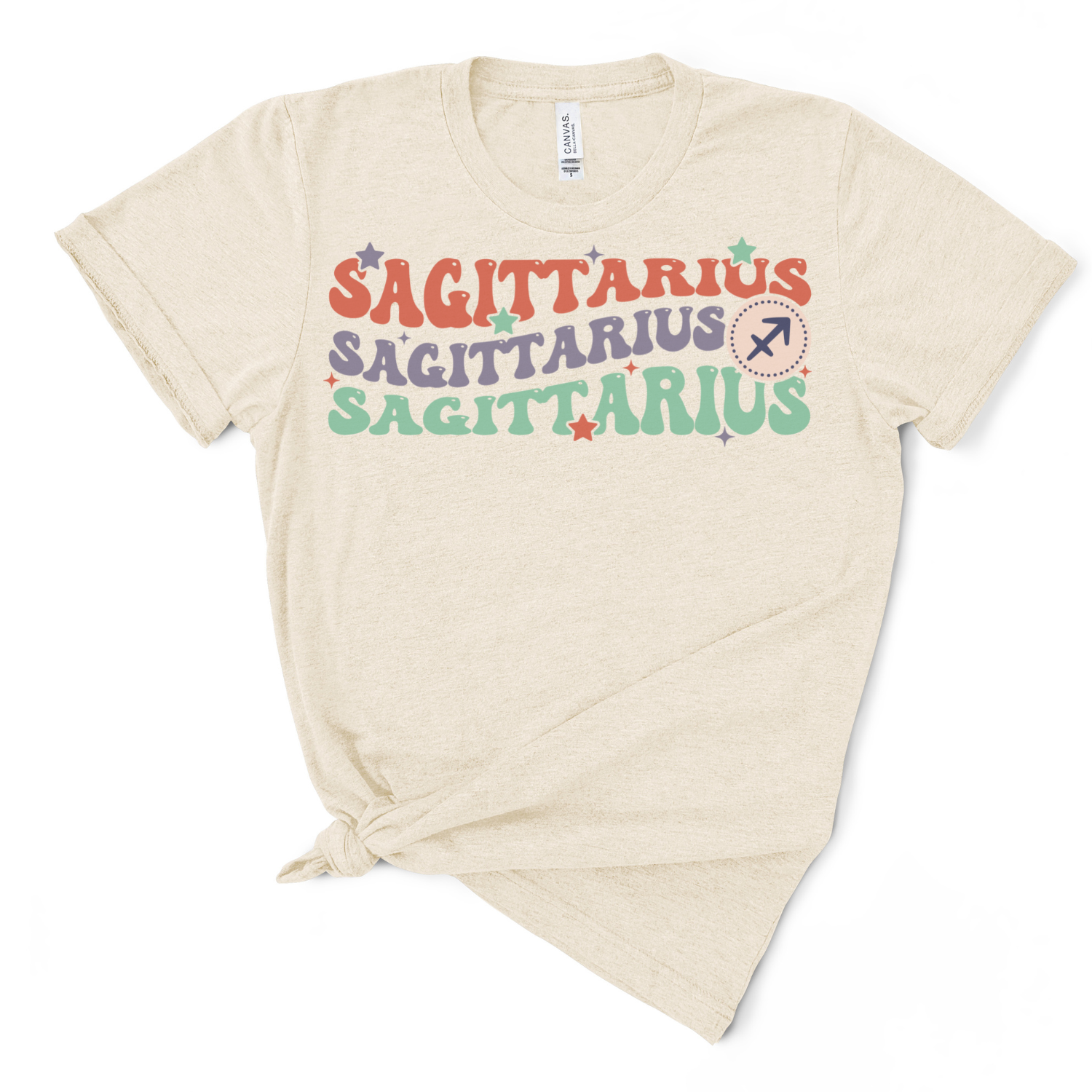 A soft tri-blend Retro Sagittarius Graphic Tee featuring a vintage design with astrological elements.