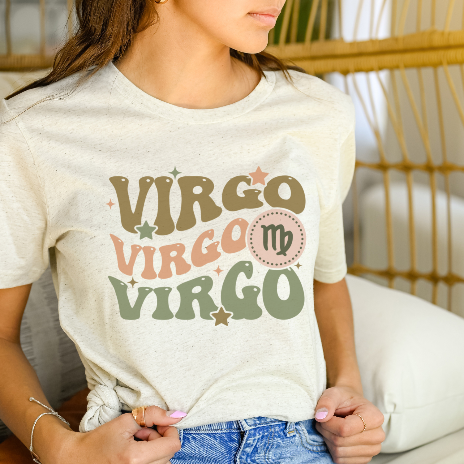 A soft tri-blend Retro Virgo Graphic Tee featuring a vintage design, perfect for casual wear.