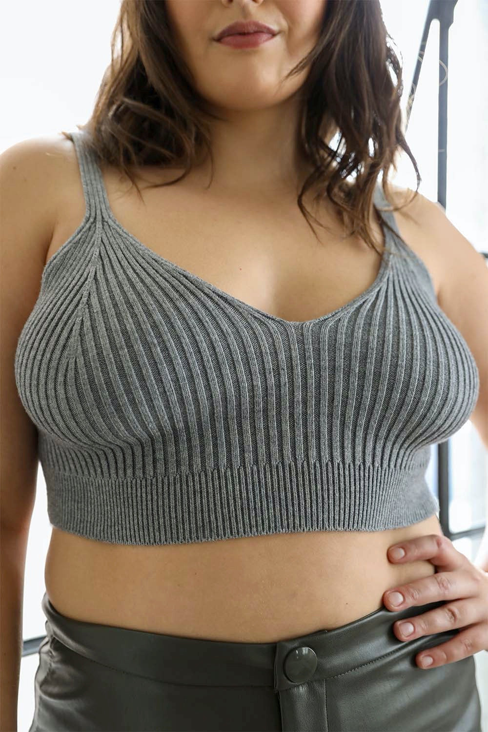 A soft rib knit lounge brami top in a cozy design, perfect for layering and showcasing curves.