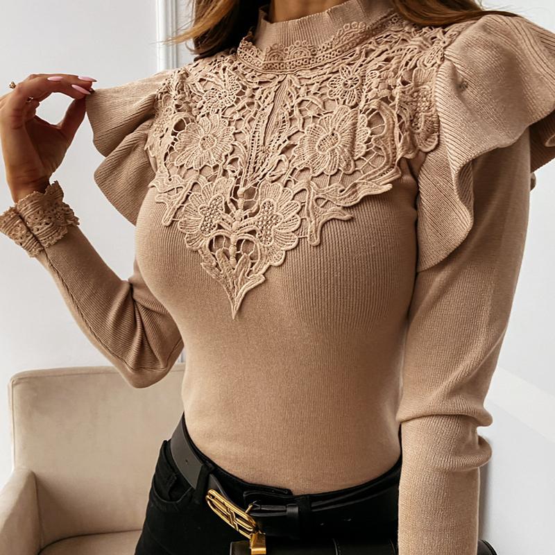 Ruffle Flower Slim Sweater with lace long sleeves and turtleneck, featuring a floral pattern, perfect for winter fashion.