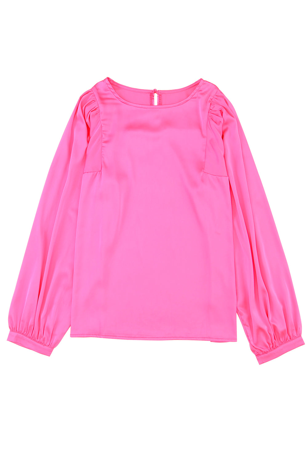 Elegant pink satin puff long sleeve crewneck blouse, showcasing a fitted design and sophisticated style.