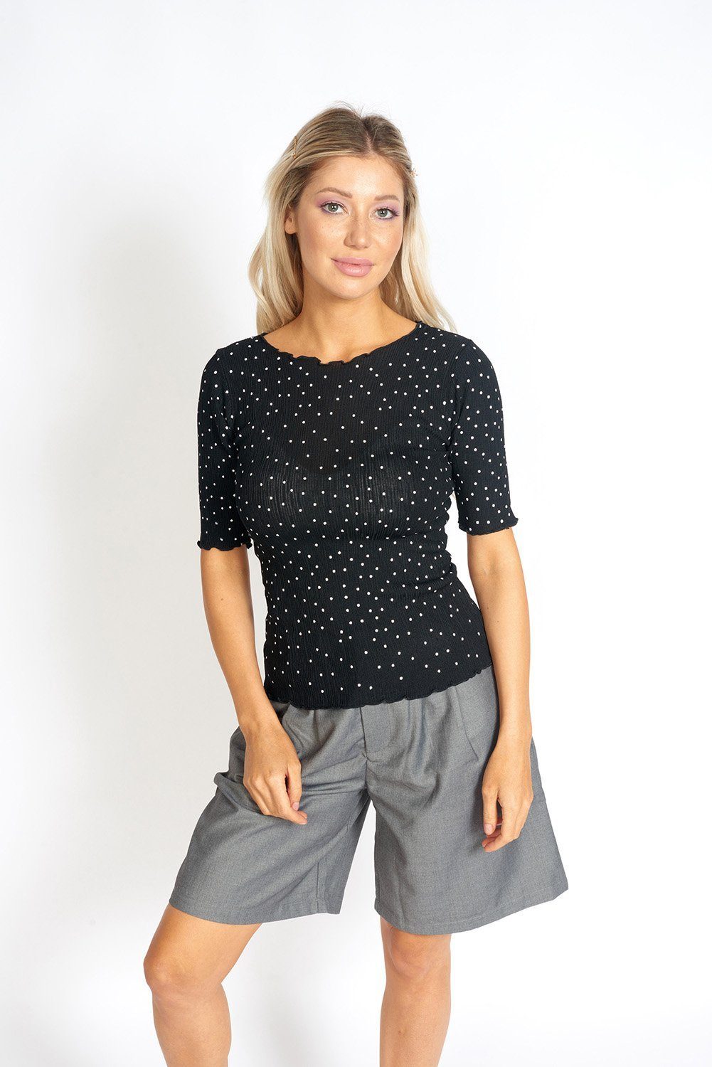 So Sweet Frill Polka Dots Top featuring a modest round neck, ruffled edges, and baseball style sleeves in a lightweight fabric.