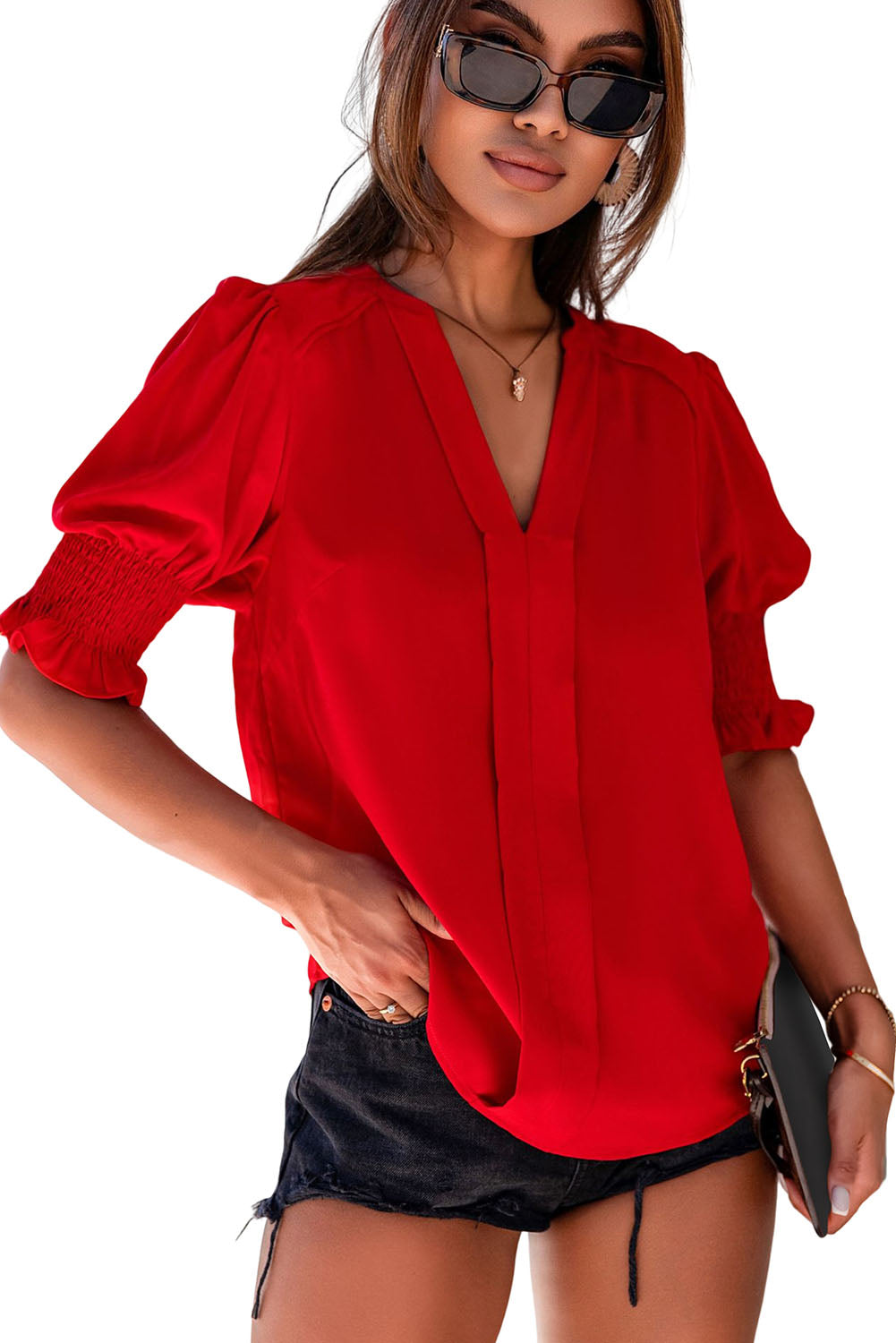 Solid Color Half Sleeve V Neck Blouse in various colors, showcasing its elegant design and comfortable fit.