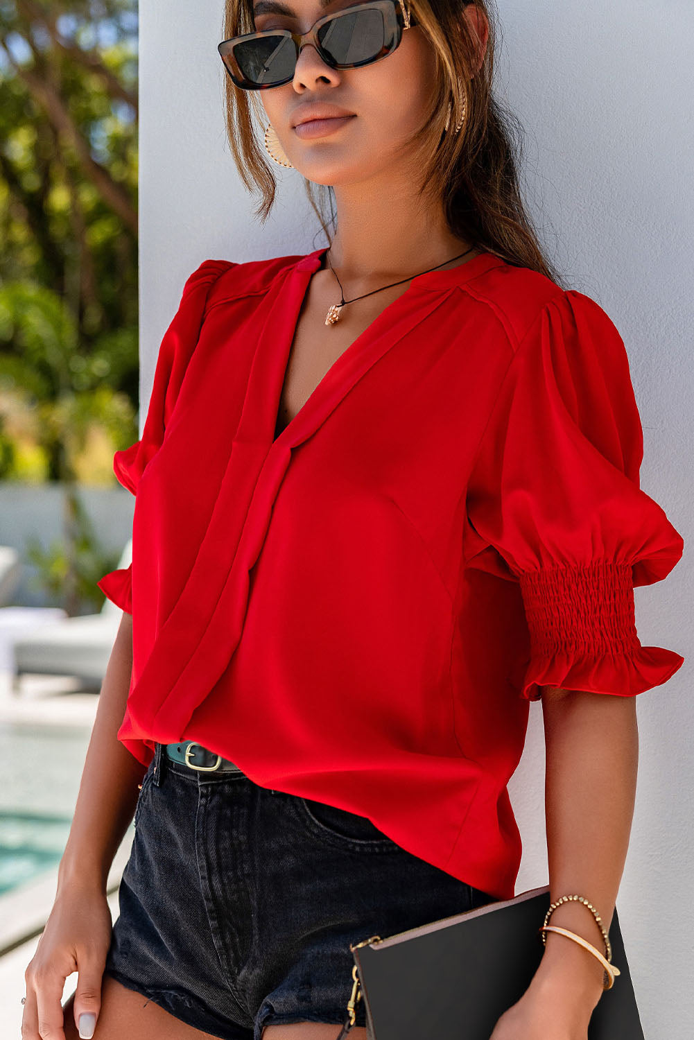 Solid Color Half Sleeve V Neck Blouse in various colors, showcasing its elegant design and comfortable fit.