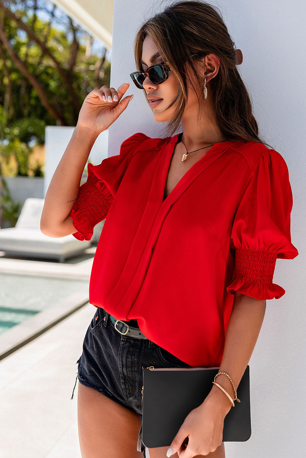 Solid Color Half Sleeve V Neck Blouse in various colors, showcasing its elegant design and comfortable fit.