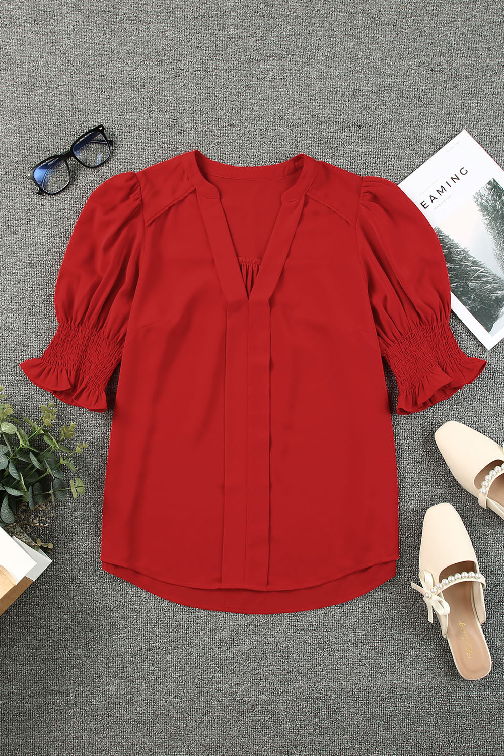 Solid Color Half Sleeve V Neck Blouse in various colors, showcasing its elegant design and comfortable fit.