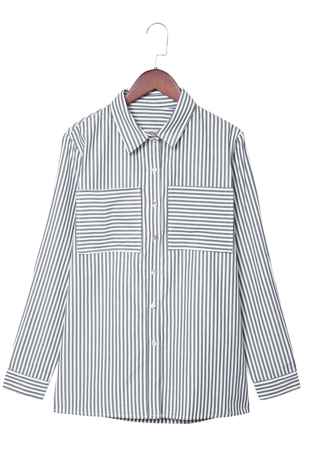 A stylish women's long sleeve shirt featuring a striped pattern, button-down front, and practical pockets, perfect for casual and formal occasions.