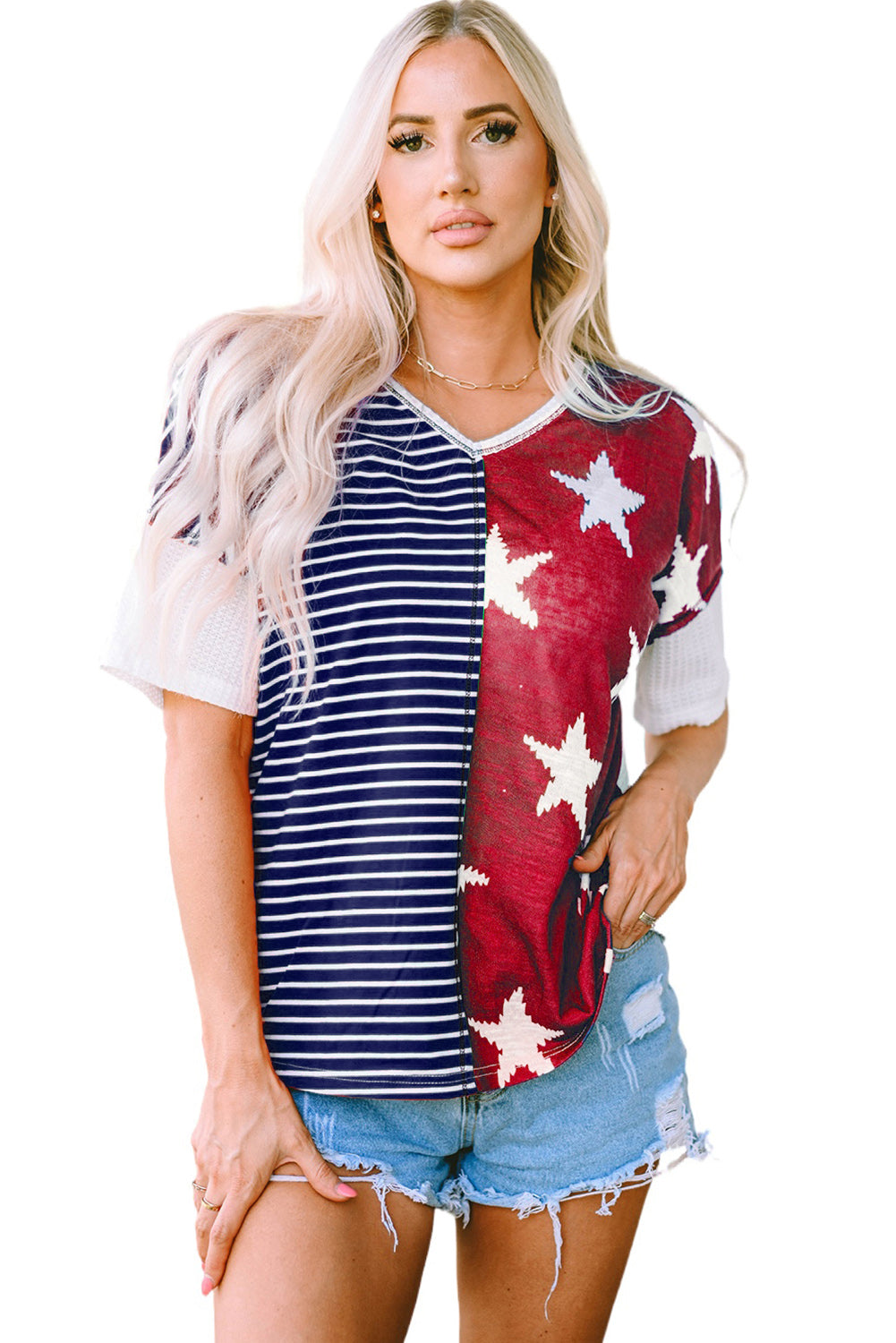 A stylish Stripes Stars Print Knit Top featuring bold stripes and star patterns, perfect for casual wear.