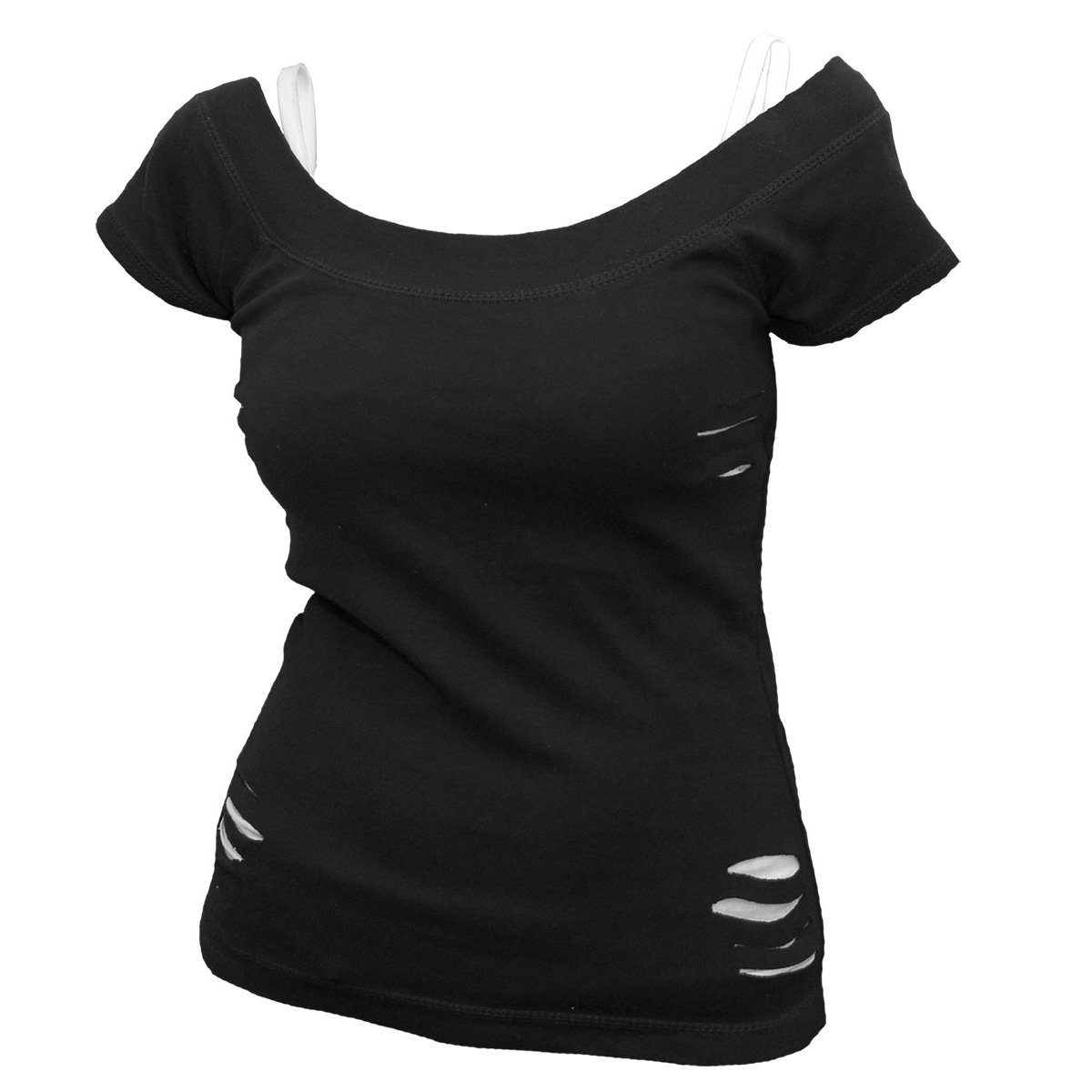 URBAN FASHION 2in1 White Ripped Top Black showcasing trendy ripped design and high-quality cotton fabric.