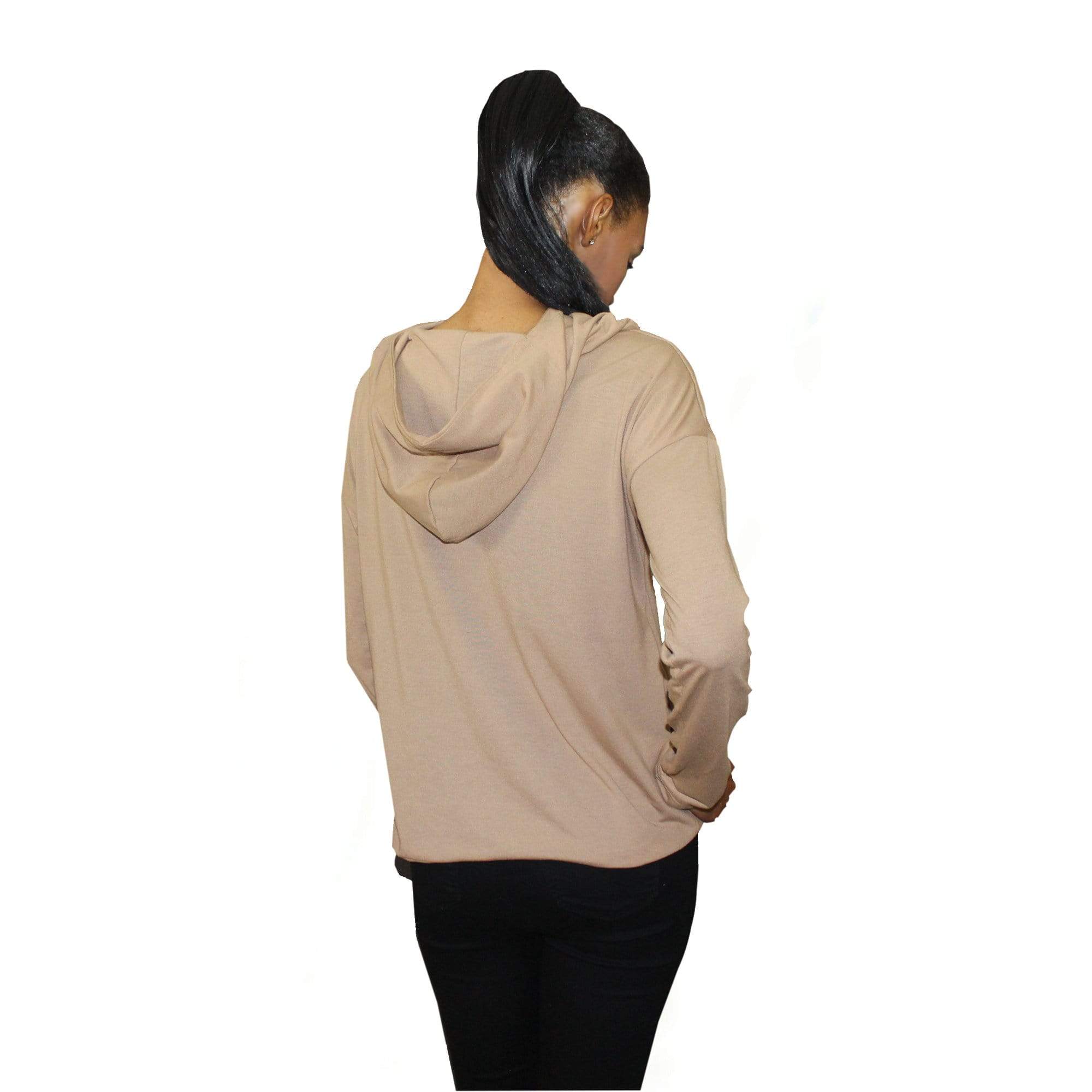 A stylish Used By God Women's Cowl Neck Hoodie featuring a unique cowl neck design, lace-up tie, and roomy front pockets, perfect for casual wear.