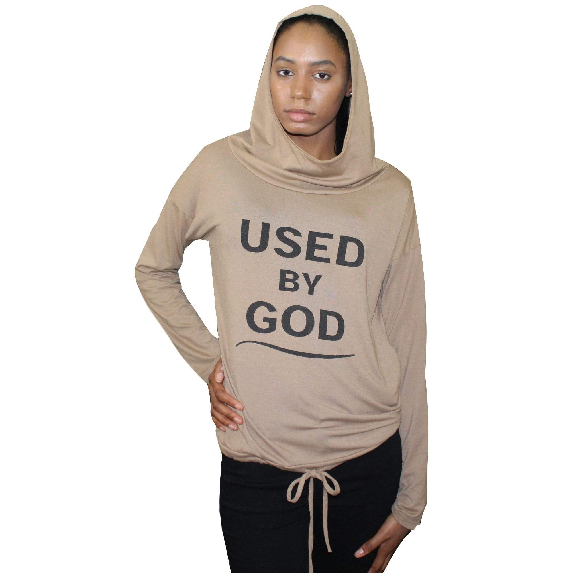 A stylish Used By God Women's Cowl Neck Hoodie featuring a unique cowl neck design, lace-up tie, and roomy front pockets, perfect for casual wear.