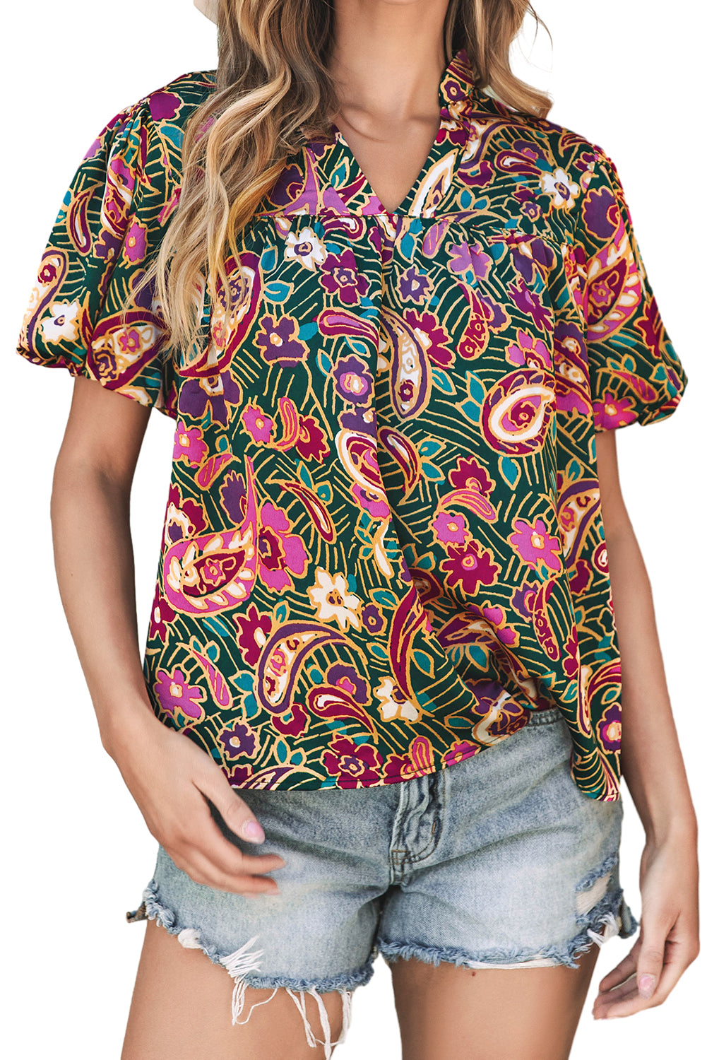 A stylish V Neck Short Bubble Sleeve Paisley Blouse featuring a vibrant paisley print, short bubble sleeves, and a loose fit, perfect for casual or formal wear.