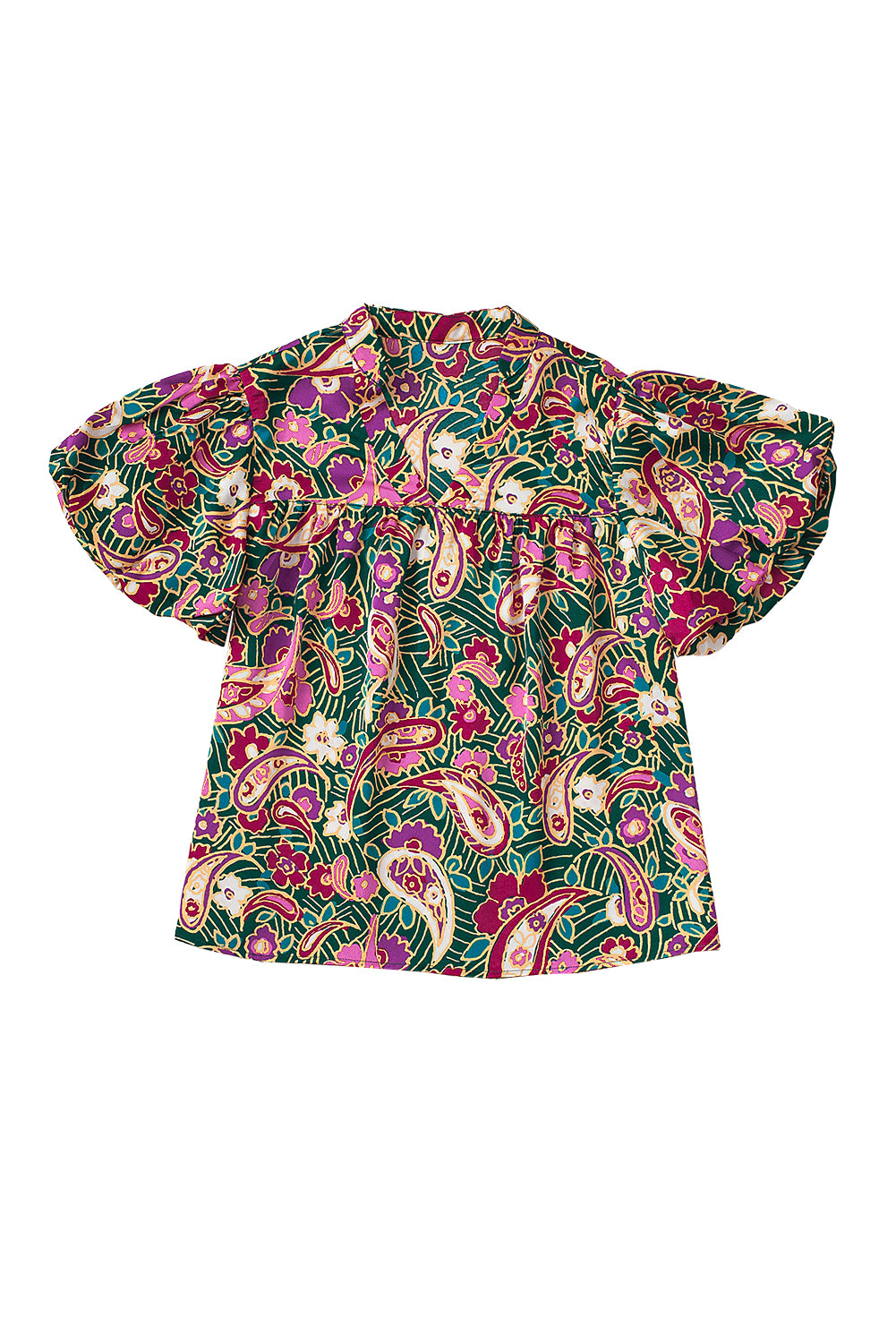 A stylish V Neck Short Bubble Sleeve Paisley Blouse featuring a vibrant paisley print, short bubble sleeves, and a loose fit, perfect for casual or formal wear.