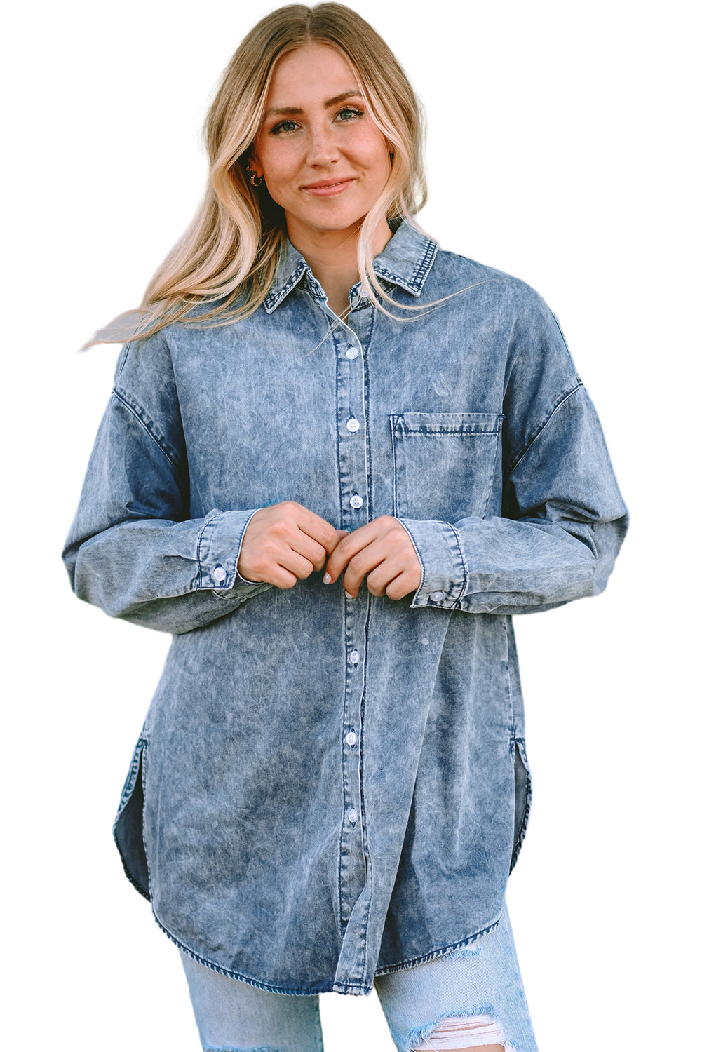 A stylish Vintage Washed Chest Pocket Denim Shirt in light blue, featuring a fitted silhouette and elegant button details.