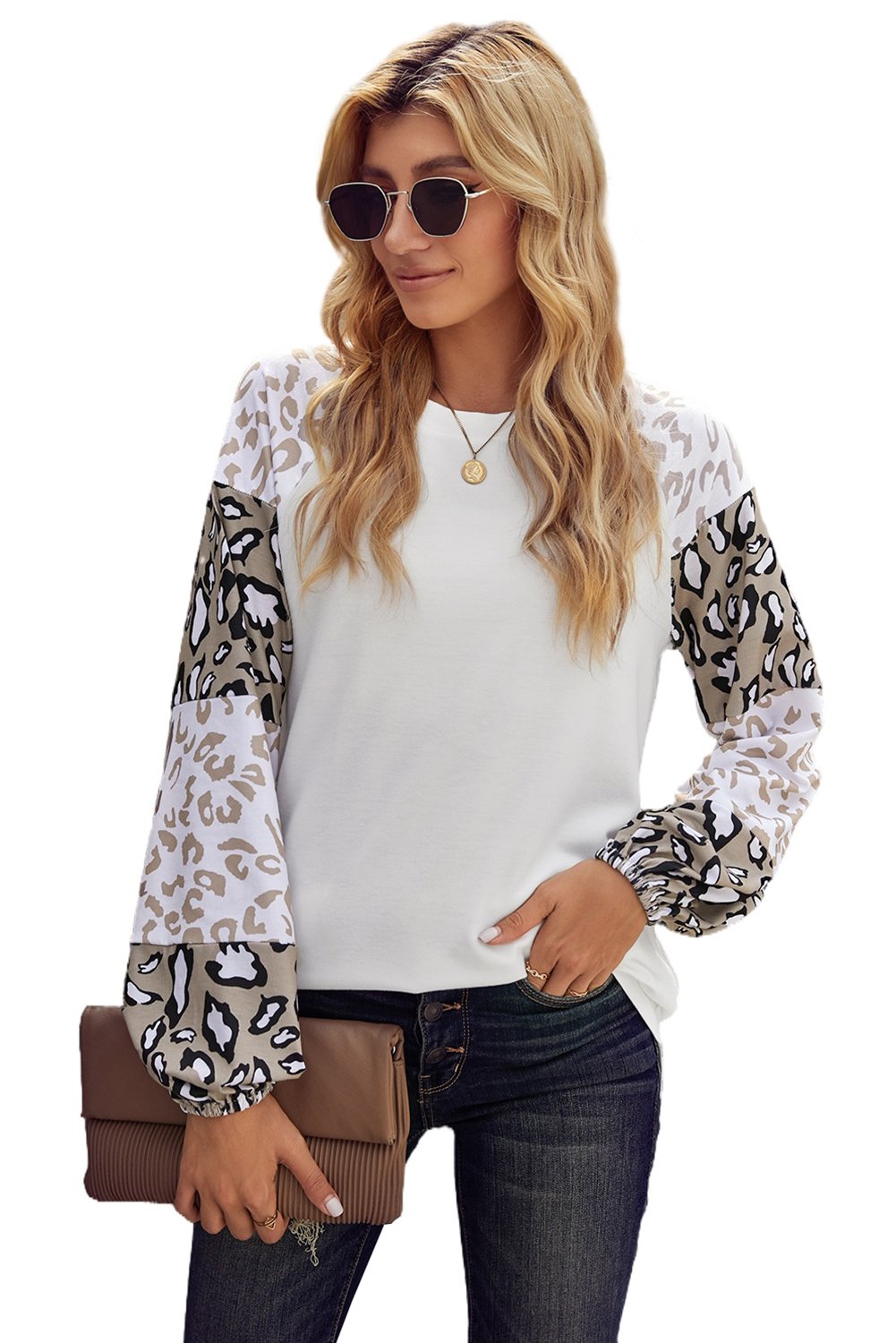 Women wearing a beige leopard print bubble sleeve top, showcasing its trendy design and comfortable fit.