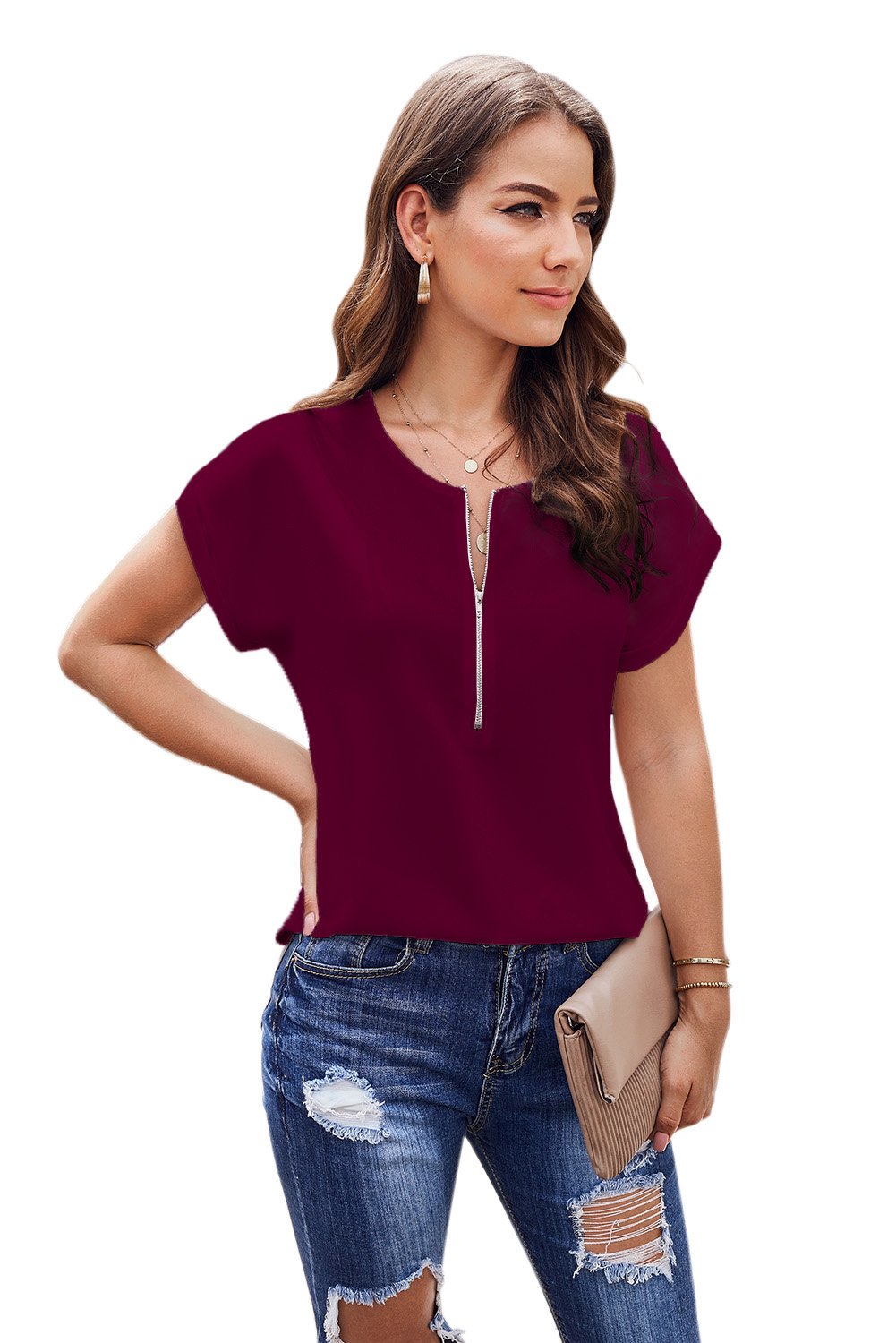 Women wearing a red short sleeve blouse with a gold zipper detail, showcasing a relaxed fit and high-low hemline.