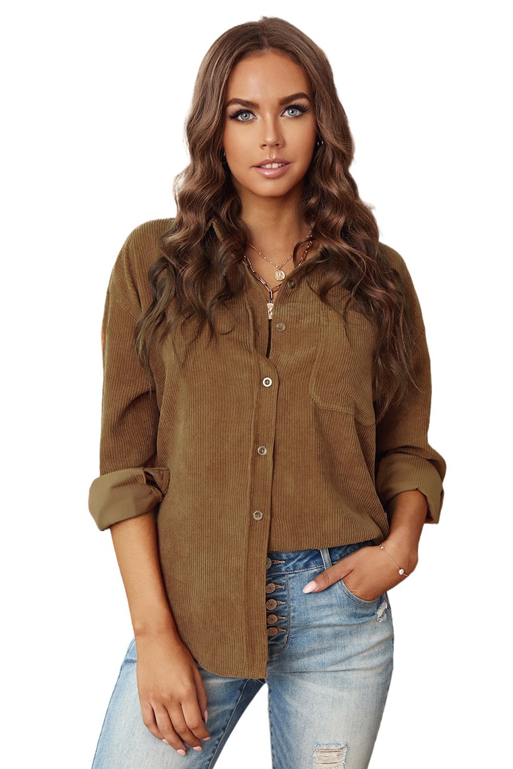 A stylish women's brown corduroy button pocket shirt with full sleeves and a turn-down collar, featuring button cuffs and two front pockets.