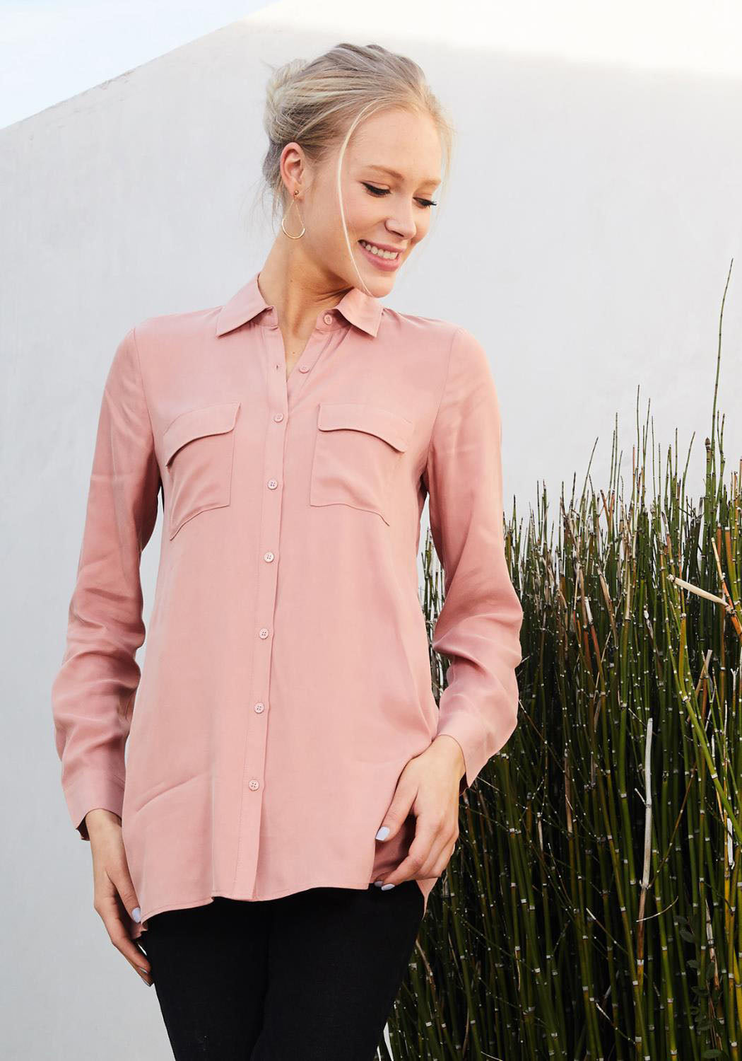 Women's Button Up Open Back Blouse in Sage featuring a chic open back design, front button closure, and two chest pockets.