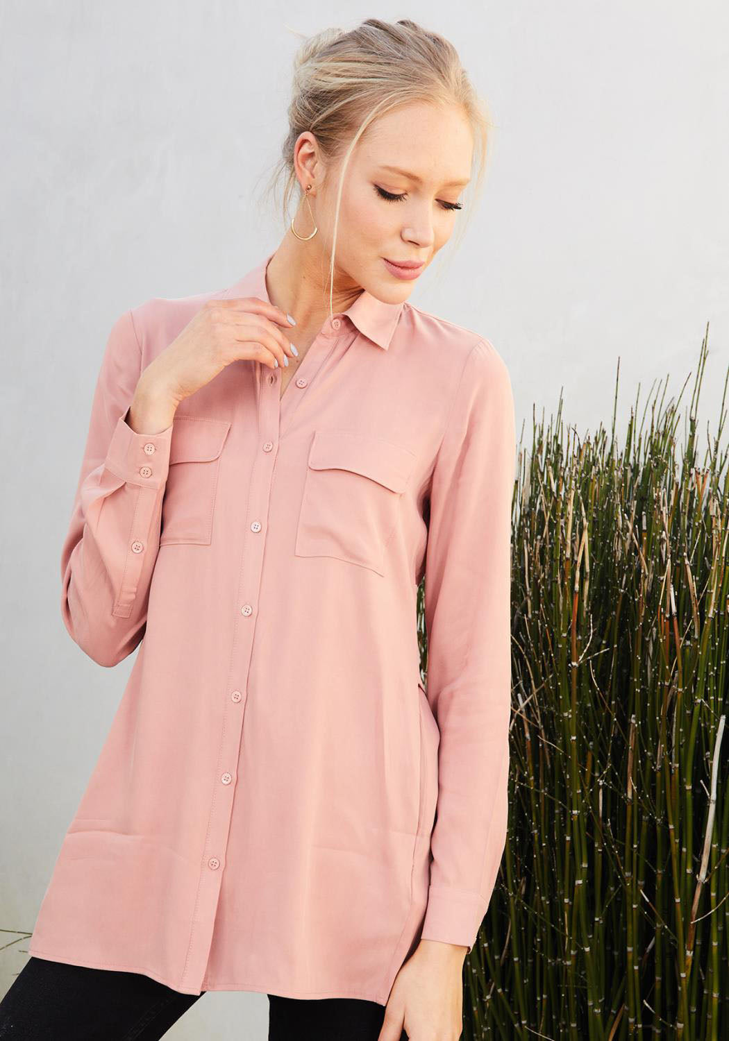 Women's Button Up Open Back Blouse in Sage featuring a chic open back design, front button closure, and two chest pockets.