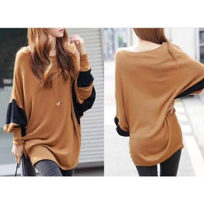 A stylish Women's Casual Batwing Top in brown, featuring a loose fit and batwing sleeves, perfect for casual street style.