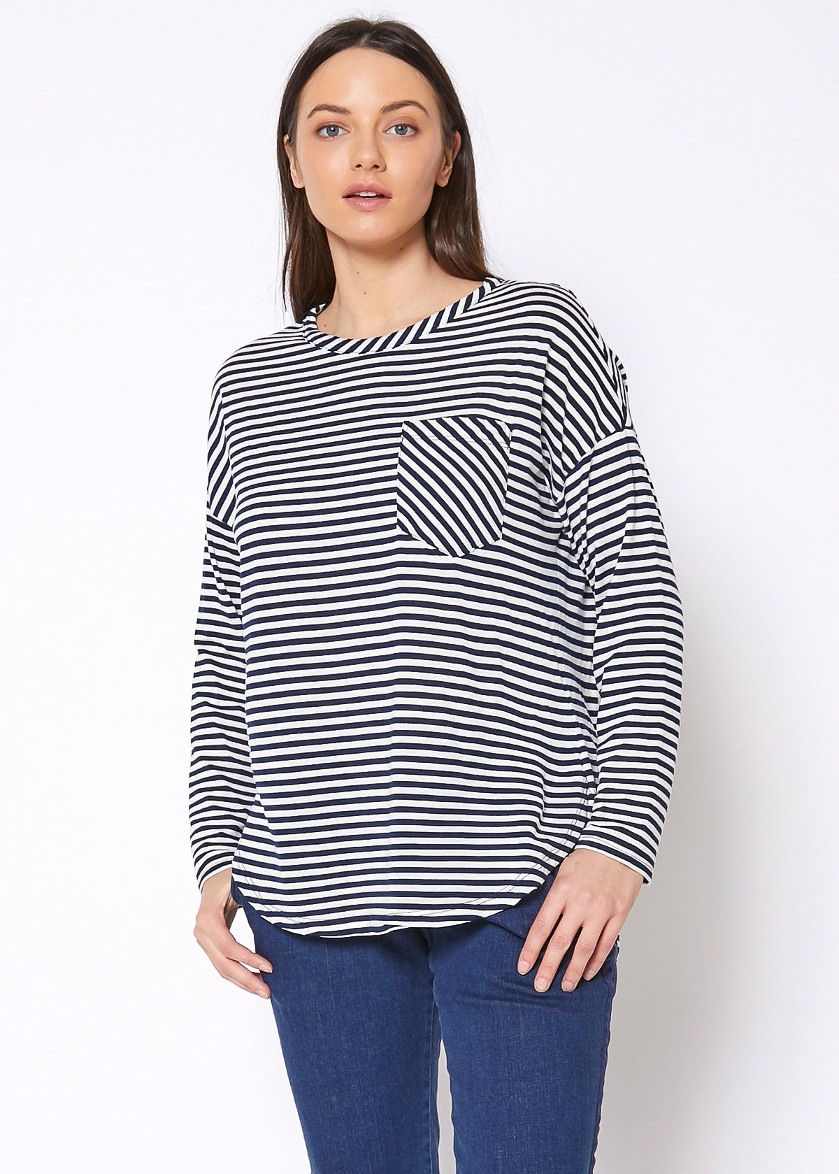 Women's Crewneck Round Hem Stripe Top featuring a stylish design with a round hem and chest pocket, perfect for casual wear.