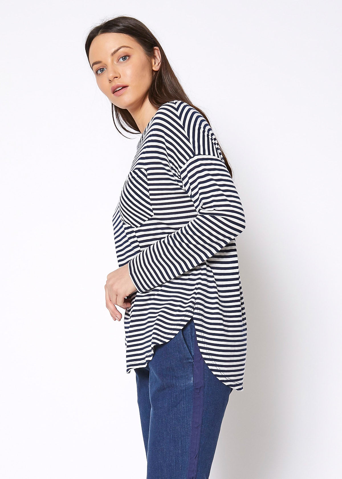 Women's Crewneck Round Hem Stripe Top featuring a stylish design with a round hem and chest pocket, perfect for casual wear.