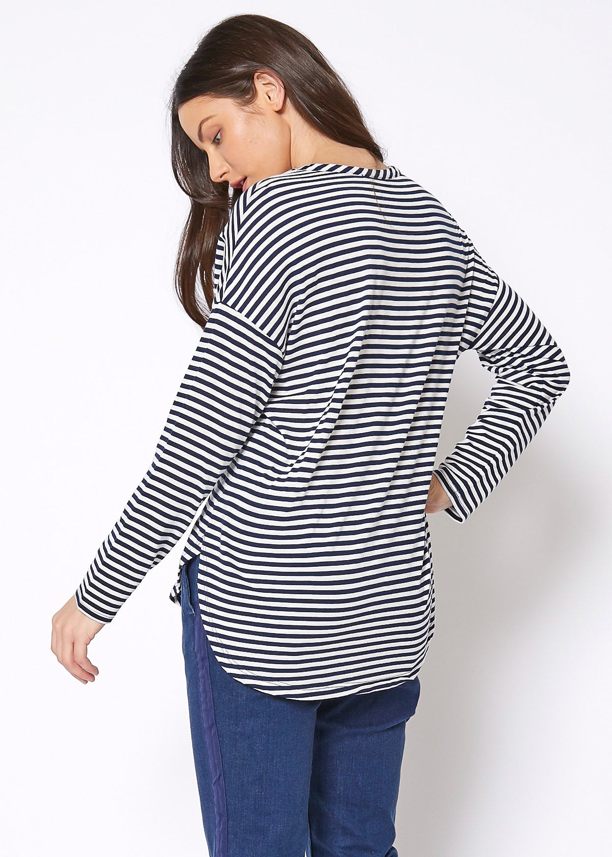 Women's Crewneck Round Hem Stripe Top featuring a stylish design with a round hem and chest pocket, perfect for casual wear.