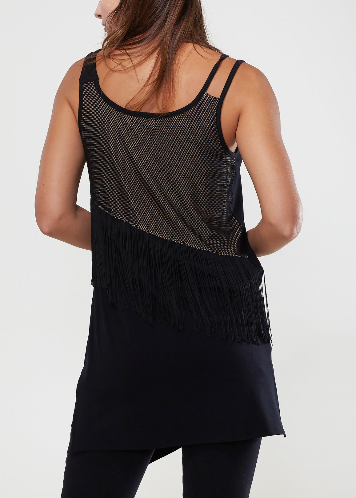 Women's black curved hem tank top featuring sheer mesh on the chest, designed for comfort and style.