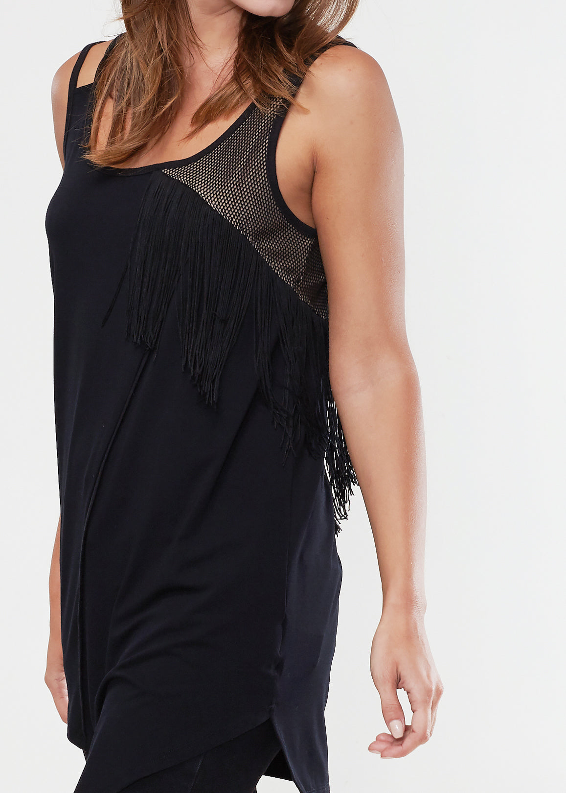 Women's black curved hem tank top featuring sheer mesh on the chest, designed for comfort and style.