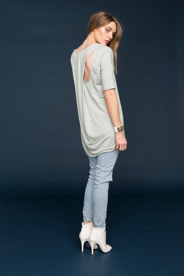 Women's Cut Out Drape Back Tunic featuring a stylish cut-out design and elegant drape back, made from soft modal and spandex blend.