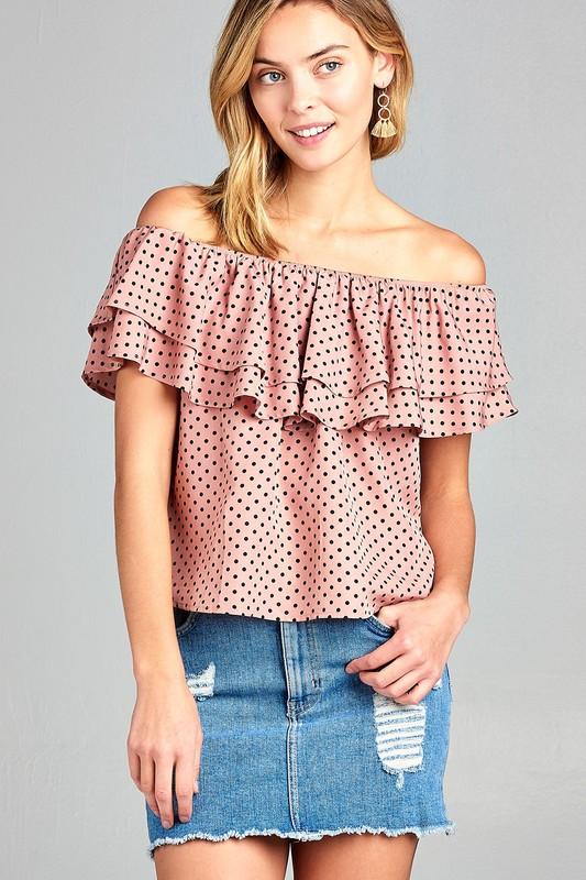 A stylish Women's Double Ruffle Off Shoulder Polka Dot Top featuring ruffles and a playful polka dot print, perfect for summer outings.