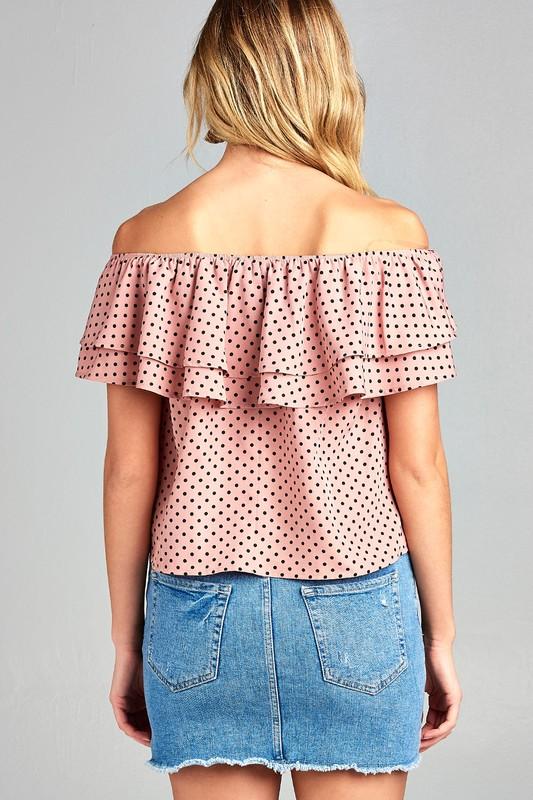 A stylish Women's Double Ruffle Off Shoulder Polka Dot Top featuring ruffles and a playful polka dot print, perfect for summer outings.