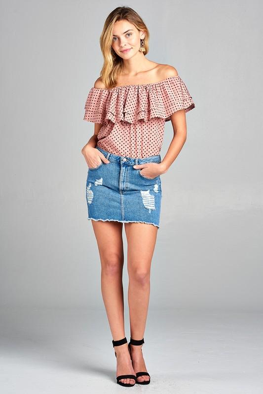 A stylish Women's Double Ruffle Off Shoulder Polka Dot Top featuring ruffles and a playful polka dot print, perfect for summer outings.