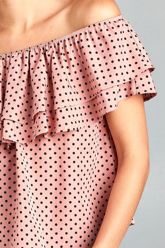 A stylish Women's Double Ruffle Off Shoulder Polka Dot Top featuring ruffles and a playful polka dot print, perfect for summer outings.